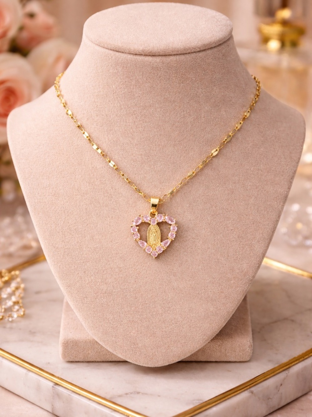 18K Gold Virgin Mary Heart Necklace Pink Crystal Pendant Dainty Chain - Picture 3 of 9
